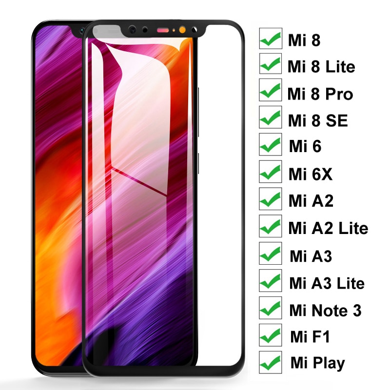 100D Protective Glass For Xiaomi pocophone F1 Mi 8 SE Mi8 Pro 6 6X Mi Play A2 A3 Lite Tempered Screen Protector Glass Film Case