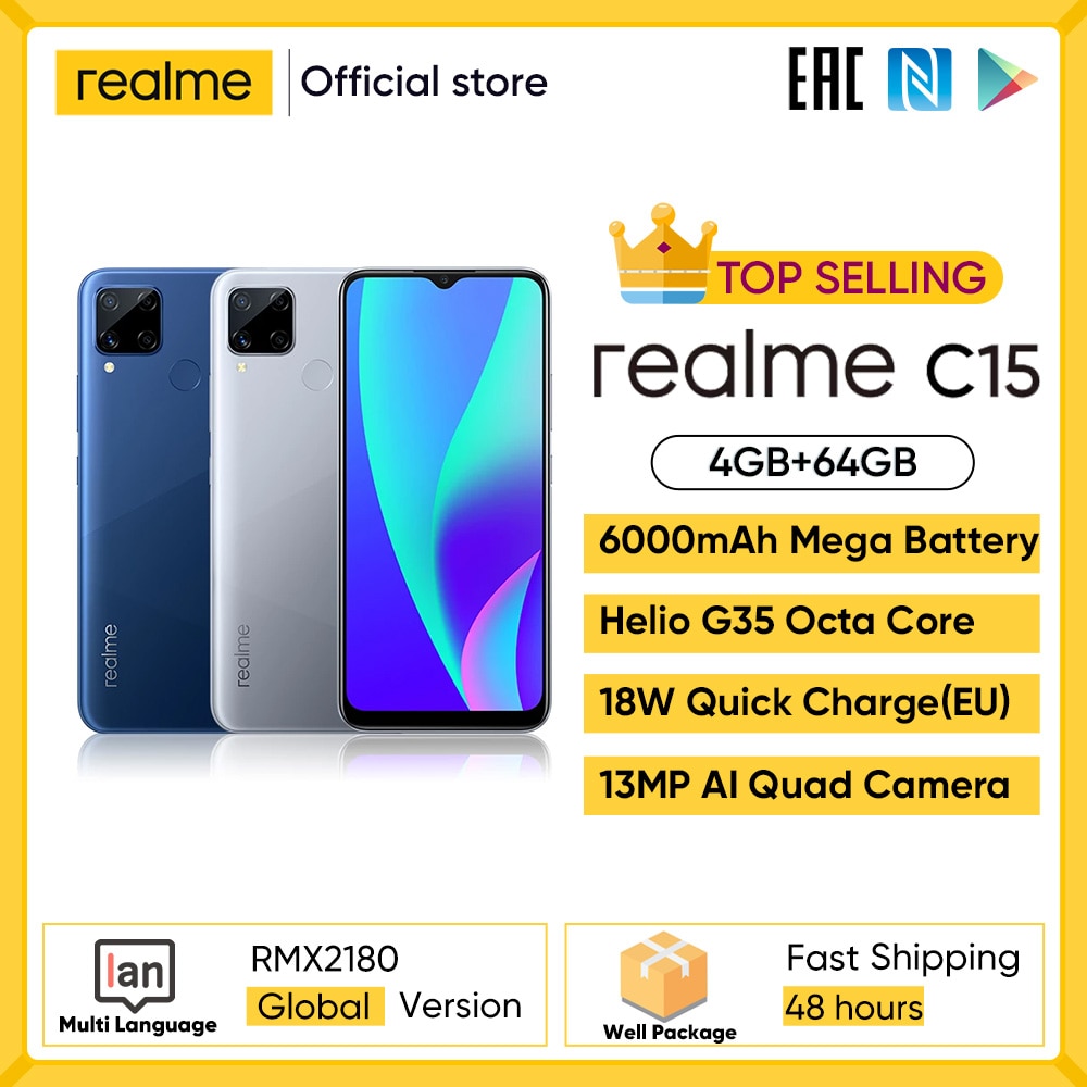 realme C15 Global Version Smartphone 4GB RAM 64GB ROM 6000mAh Big Battery Quick Charge Mobile phone 6.5inch Android Telephone