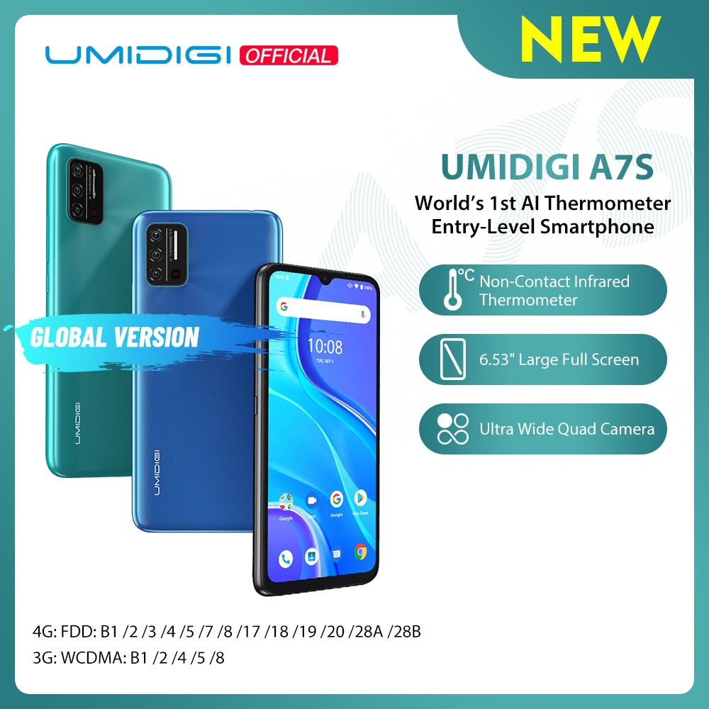 In-Stock UMIDIGI A7S Smart Phone 6.53" Screen 32GB 4150mAh Triple Camera Global Version Cellphone Infrared Temperature Sensor