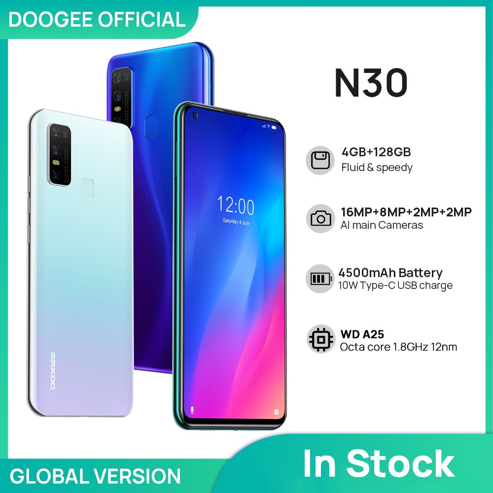 DOOGEE N30 Full Netcom 6.55"inch Quad Camera 128GB ROM Octa Core Global Version Cellphone 4500mAh Large Battery Android 10 OS