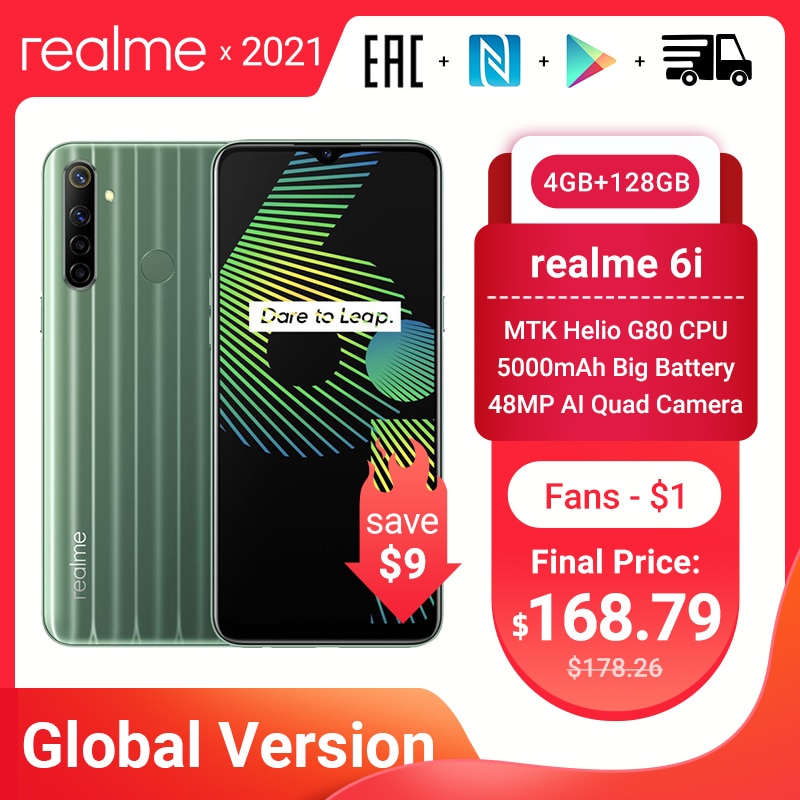 Realme 6i 6 i глобальная Версия Мобильный телефон 4 Гб RAM 128 ГБ ROM EU Plug MTK Helio G80 5000 мАч Dewdrop display 6,5 "мобиль