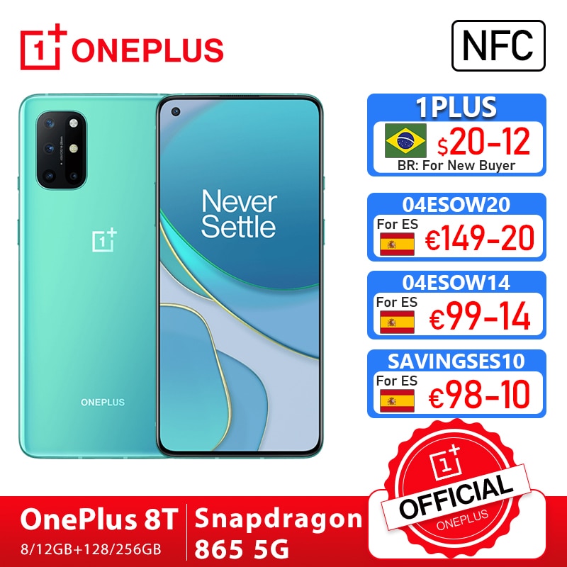 Global Rom OnePlus 8T 8 T OnePlus Official Store 8GB 128GB Snapdragon 865 5G Smartphone 120Hz AMOLED Fluid Screen 48MP Quad 65W
