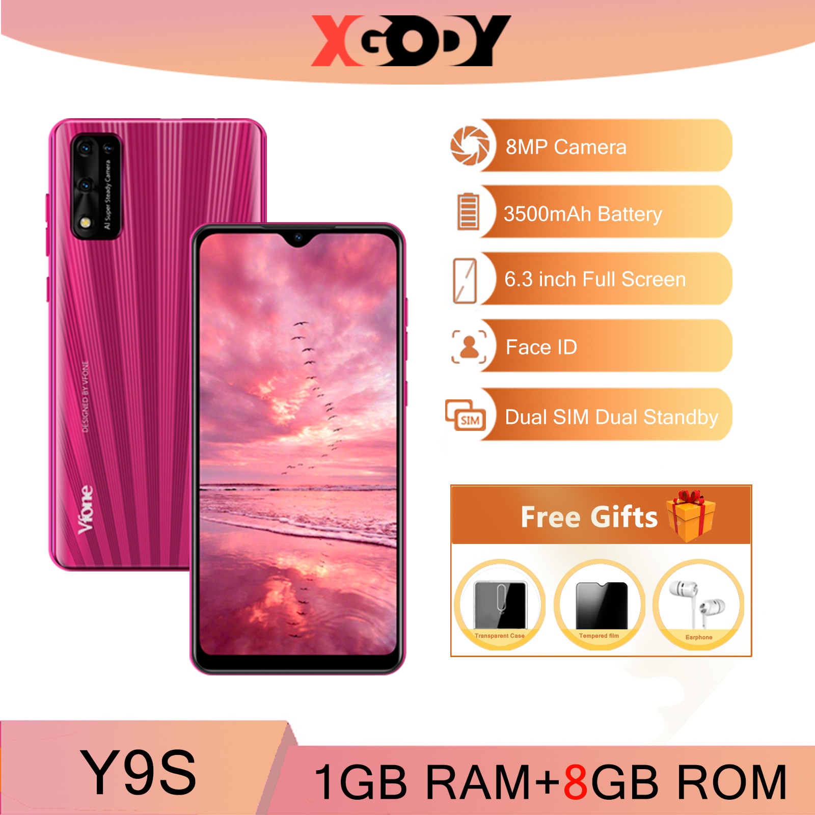 XGODY 3G smartphone 8MP Camera Android Mobile phones 1GB 8GB 3500mAh 6.3'' Cellphone Unlock 19:9 Dual SIM Face ID WiFi GPS Y9s