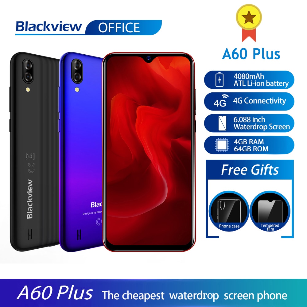 Blackview A60 Plus Smartphone Quad Core Android 10 4080mAh Cellphone 4GB+64GB Waterdrop Screen 8MP Dual Camere 4G Mobile Phone