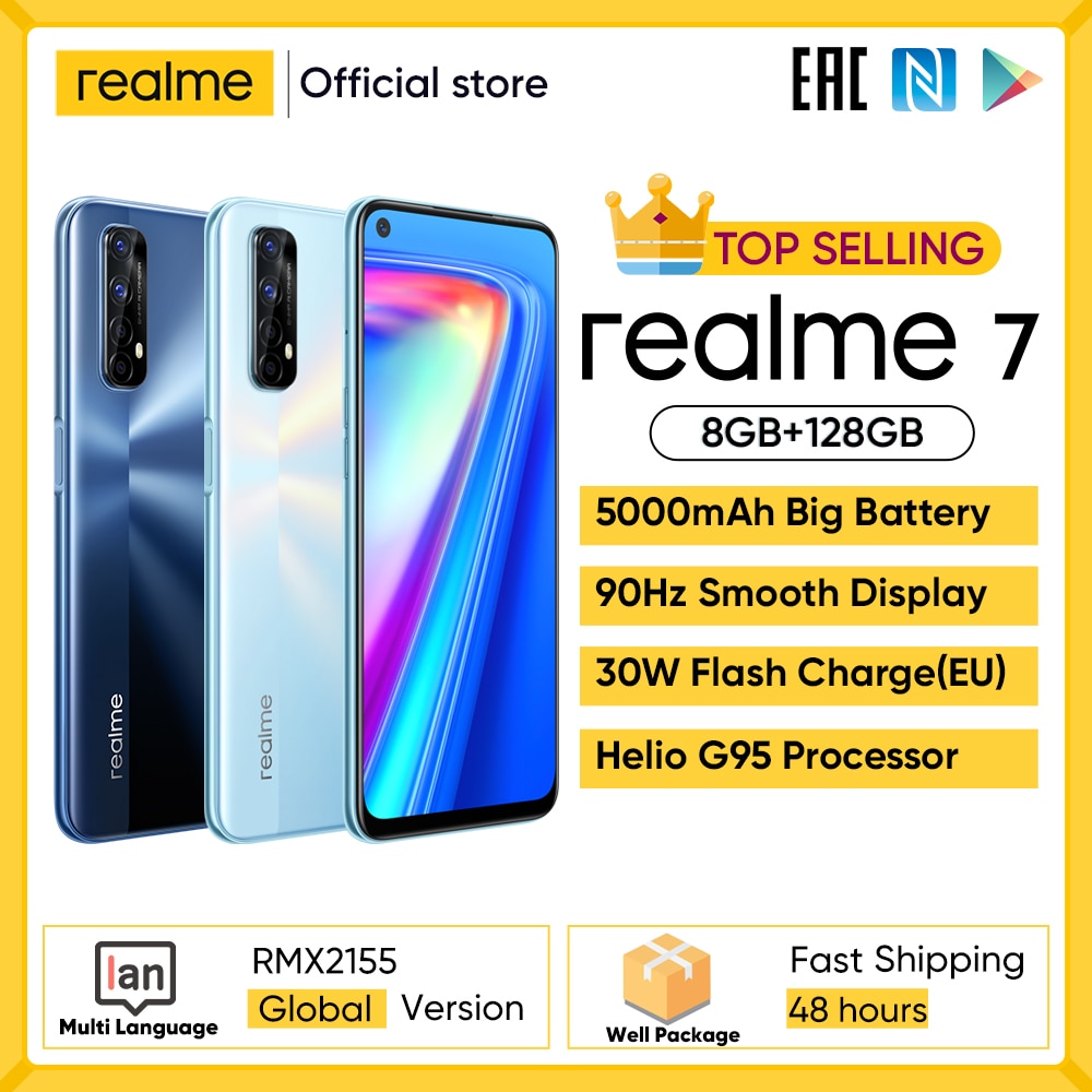 Realme 7 Global Version Cell Phones Unlocked 30W Fast Charge Smartphone 8GB RAM 128GB ROM Mobile Phones Helio G95 Gaming Phone