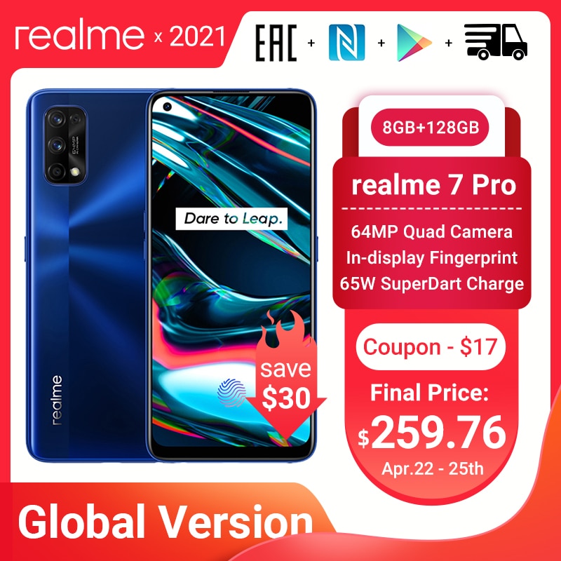 realme 7 Pro Global Version 8GB 128GB 65W SuperDart Charge 64MP Quad Camera AMOLED Fullscreen In-display Fingerprint Smartphone