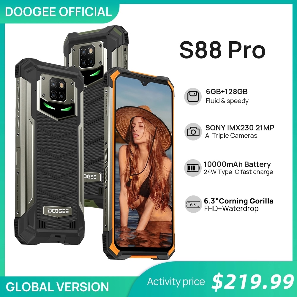 DOOGEE S88 Pro Rugged SmartPhone 10000mAh telephones Helio P70 Octa Core 6GB RAM 128GB ROM IP68/IP69K smart phone Android 10 OS