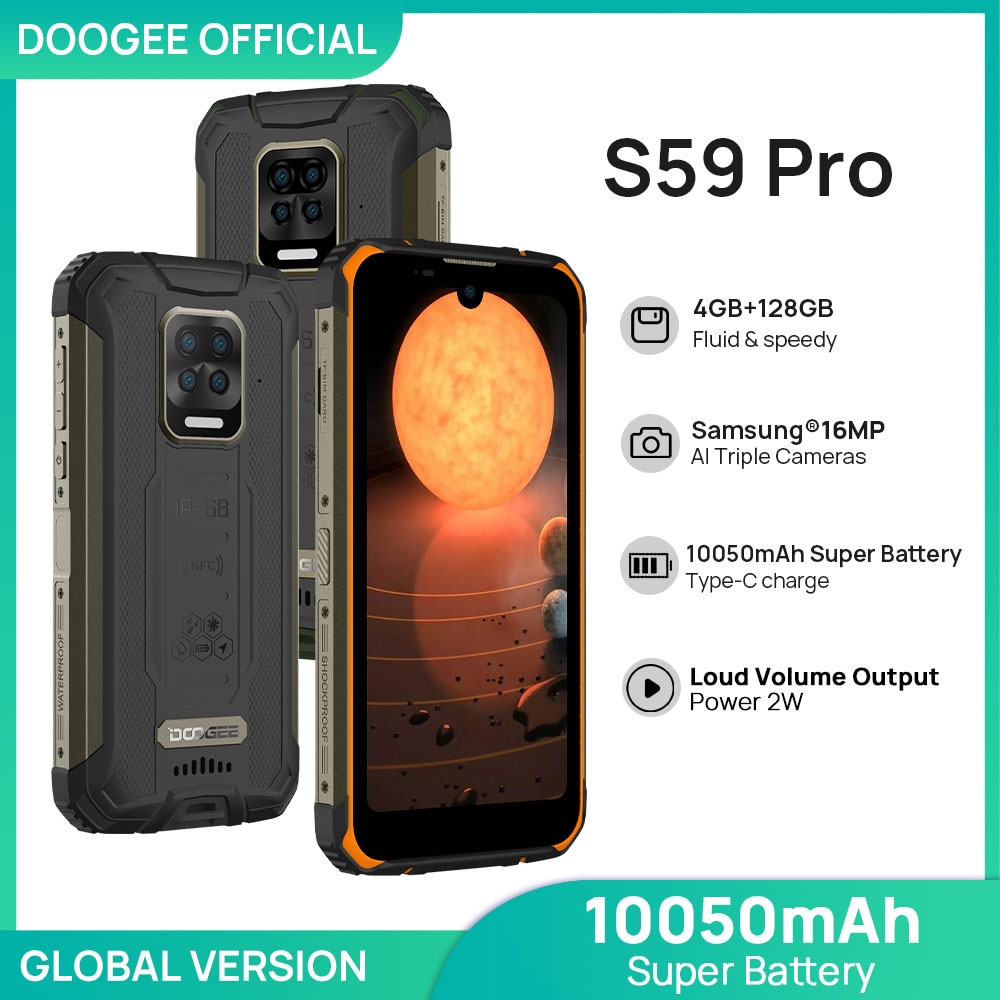 DOOGEE S59 Pro smartphone 10050mAh Super Battery IP68/IP69K 4+128GB NFC Rugged Smart phone 2W Loud Volume Speaker