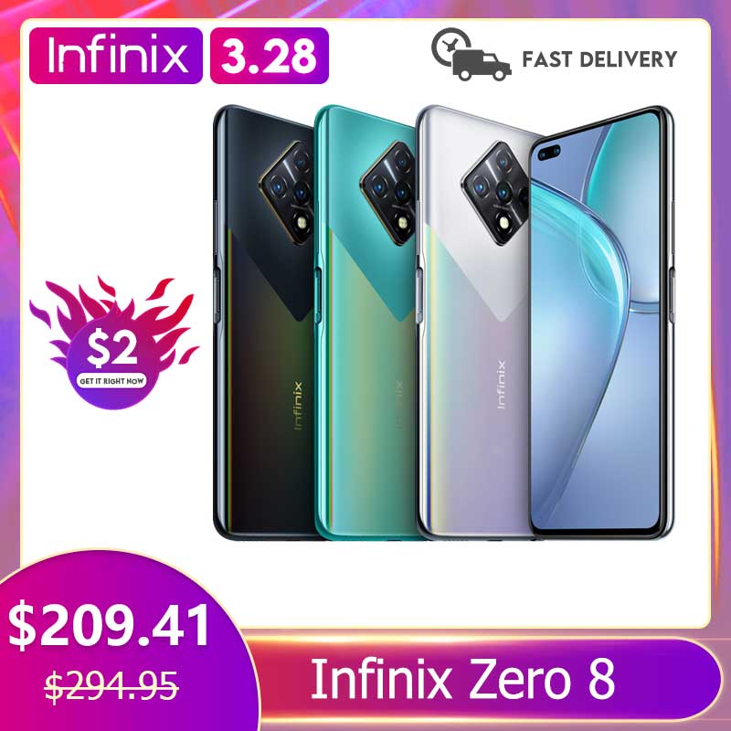 Infinix Zero 8 Global Version 128G 8G RAM Octa Core 4 90 Hz 6.8" Display Cameras 64 MP Helio G90T Processor 33 W Fast Charge