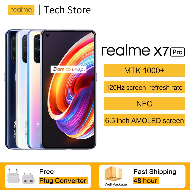 Original Dual 5G NFC realme x7 Pro Smartphone 6.55''120Hz Screen Refresh Rate 65W Smart VOOC MTK1000+ 64MP Quad Camera Cellphone