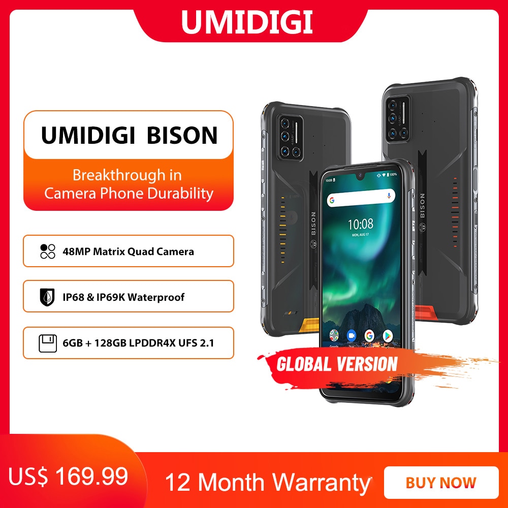 UMIDIGI BISON IP68/IP69K Waterproof Rugged Phone 48MP Matrix Quad Camera 6.3" FHD+ Display 6GB+128GB NFC Android 10 Smartphone