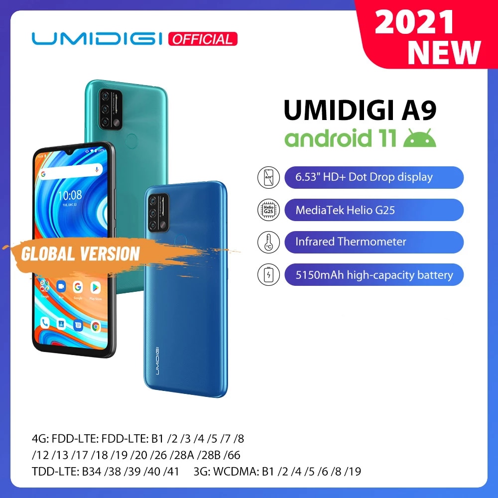 In Stock UMIDIGI A9 Smart Phone Android 11 Global Version 13MP AI Triple Camera Helio G25 Octa Core 6.53" HD+ 5150mAh Cellphone