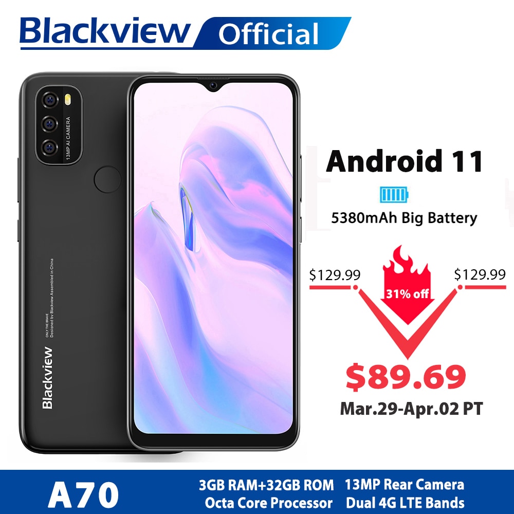 Blackview A70 Android 11 Smartphone 6.517 Inch Display Octa Core 3GB RAM+32GB ROM 5380mAh 13MP Rear Camera 4G Mobile Phone