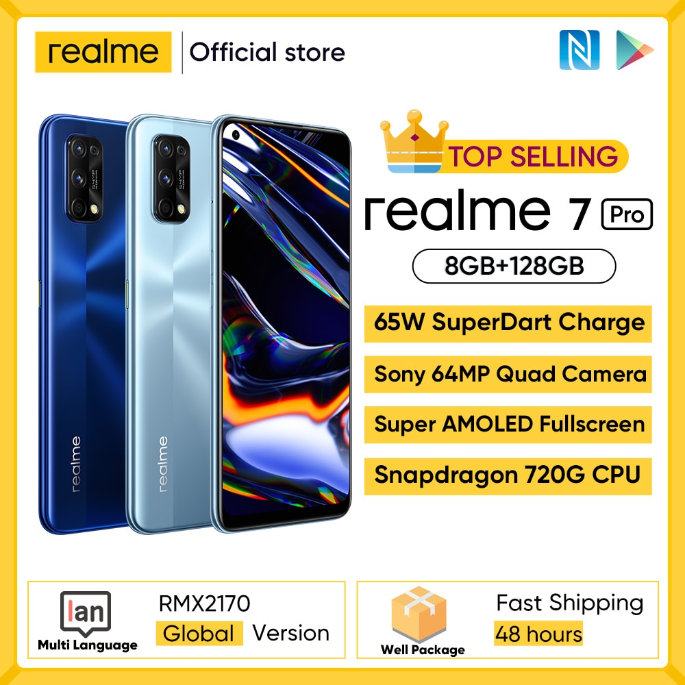 Realme 7 Pro Global Version Smartphone 65W Fast Charge Fingerprint Unlock Fullscreen MobilePhone Snapgragon 720G Game Cellphone