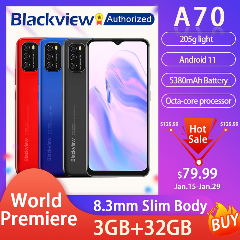 Blackview A70 Android 11 Smartphone 6.517" Display SC9863 Octa Core 3GB ROM+32GB ROM 5380mAh 13MP Rear Camera 4G Mobile Phone