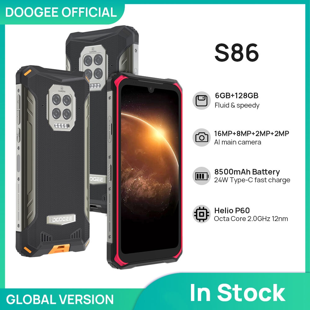 DOOGEE S86 Rugged Smart Phone 6GB+128GB 8500mAh Super Battery Smartphone IP68/IP69K Mobile Phone HelioP60 Octa Core Android 10