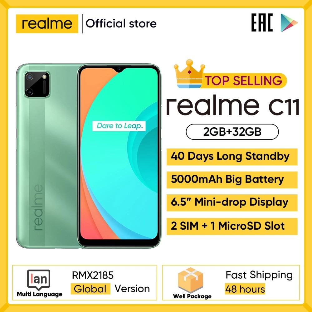 Realme C11 Mobile Phones 6.5inch 5000mAh Big Battery 40days Long Standby 3-Card Slot Android Smartphone 13MP Camera Telephone