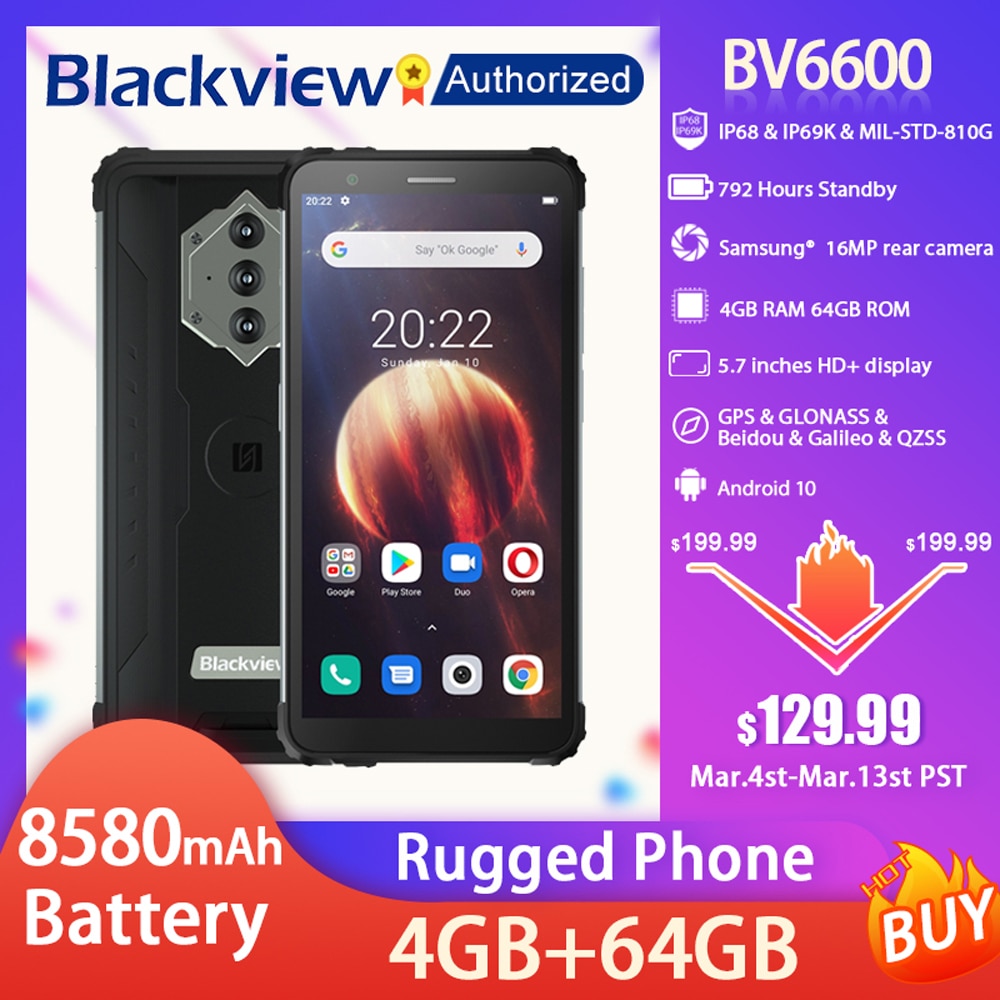 Blackview BV6600 IP68 Waterproof Rugged Smartphone 5.7'' Screen Android 10 Octa Core 4GB RAM 64GB ROM Mobile NFC 8580mAh