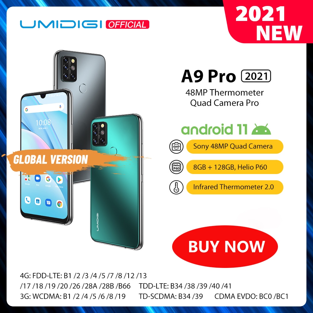 UMIDIGI A9 Pro 2021 Android 11 RAM 8GB 128GB Samrtphone 48MP AI Matrix Quad Camera Helio P60 Octa Core 6.3"FHD+ Display 4150mAh