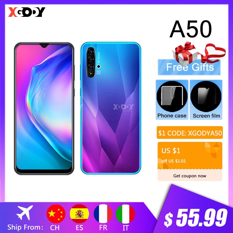 XGODY A50 3G Smartphone 6.5" 19:9 Android 9.0 1GB RAM 4GB ROM 5MP Camera Quad Core Dual SIM Unlock WiFi Mobile Phones CellPhone