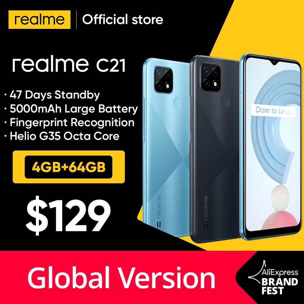 [World Premiere In Stock] Global Version realme C21 Smartphone Helio G35 Octa Core 64GB 6.5"display 5000mAh battery 3-Card Slot