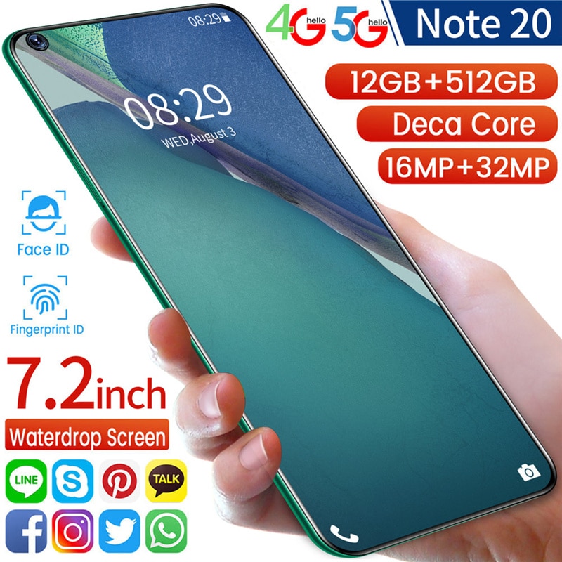 Global Version Smartphones Note 20 7.2 inch Full-Screen 8G 256G Deca Core Fingerprint Unlocks Dual SIM Card 4G 5G Mobile Phones