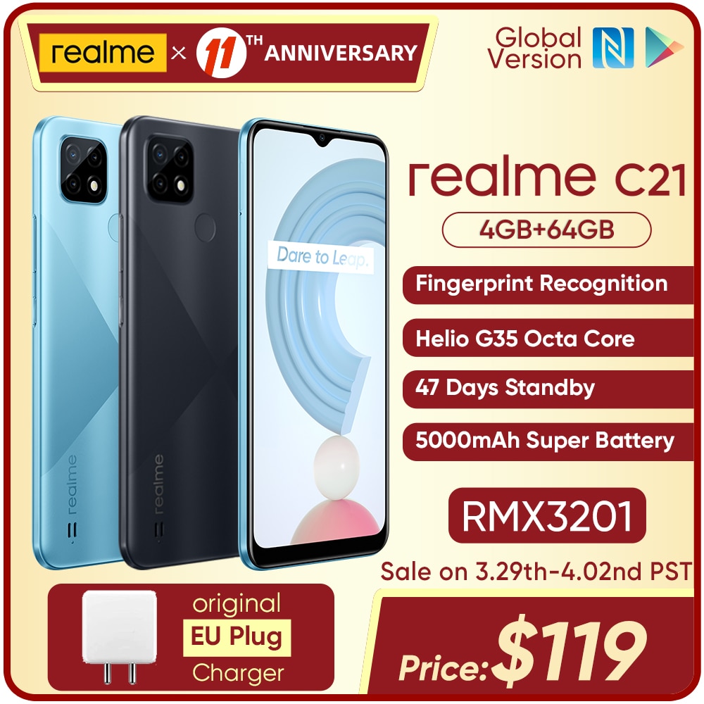 realme C21 Global Version Smartphone Helio G35 Octa Core 4GB 64GB 6.5"display 5000mAh Large battery 47 Days Standby 3-Card Slot