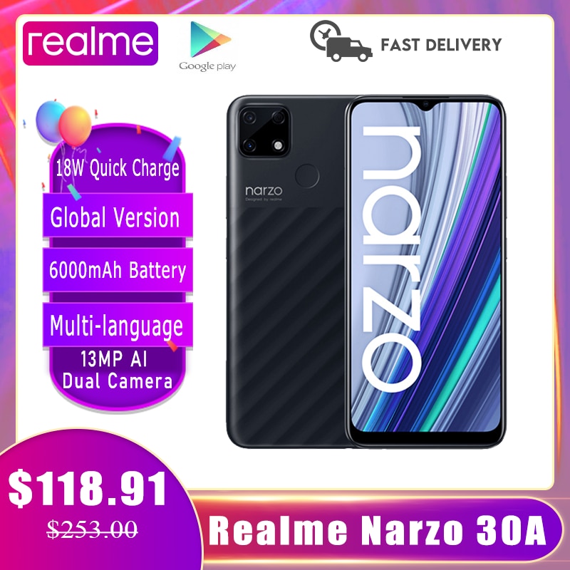 Realme Narzo 30A Smartphone Global Version 4/ 64GB Helio G85 6.5‘ Inch Fullscreen 6000mAh 18W 9V2A Quick Charge Mobile Phones