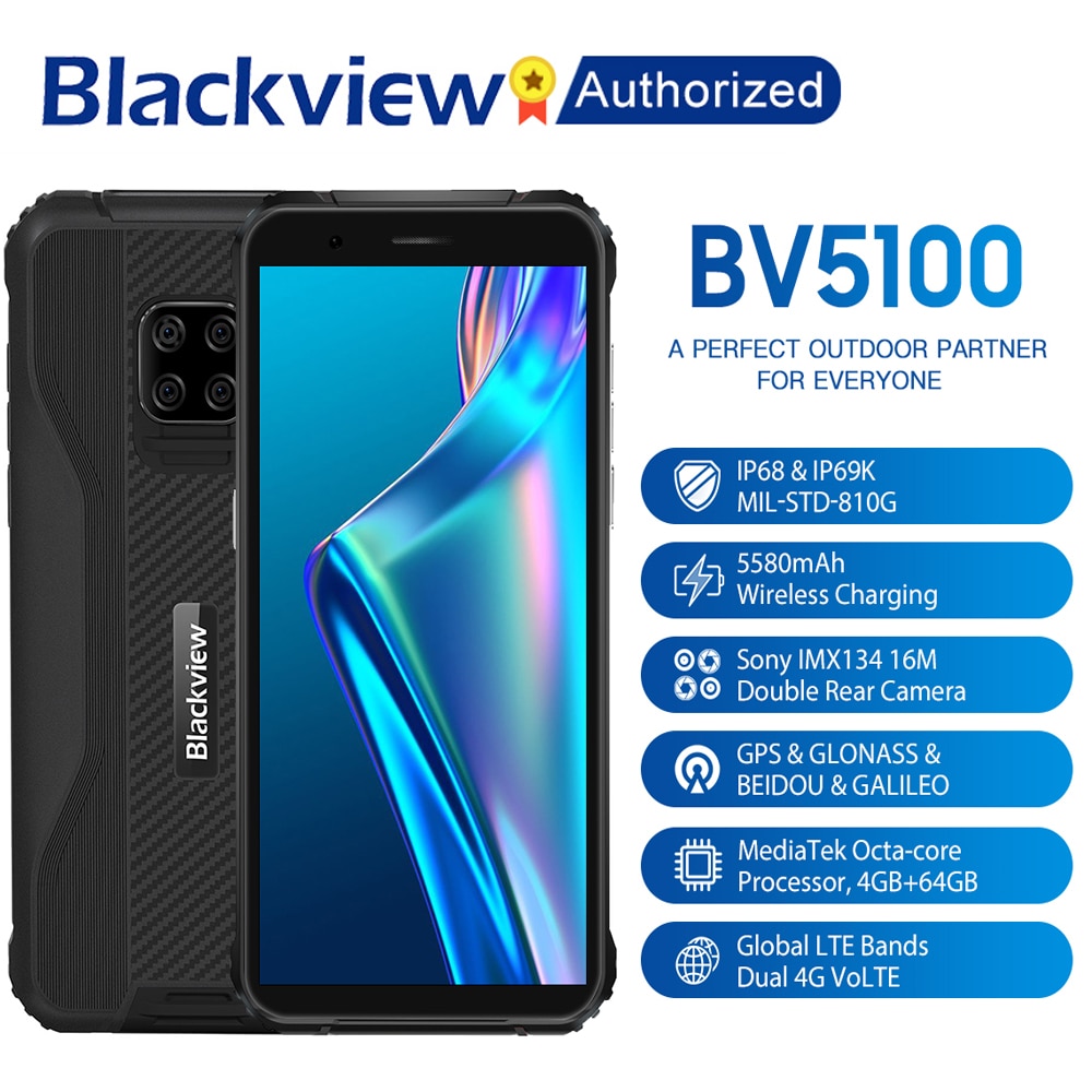 Blackview BV5100 IP68 Waterproof Rugged Smartphone 5.7'' Screen Android 10 Helio P22 Octa Core 4GB 64GB ROM Mobile NFC 5580mAh