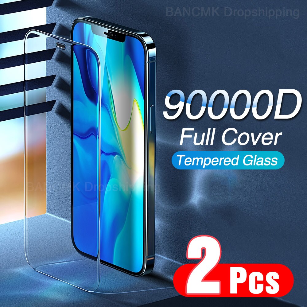 90000D 2PCS Full Cover Screen Protector For iphone 12 11 Pro X XR XS MAX Tempered Glass On iphone 6s 7 8 Plus 12 Mini Glass Film