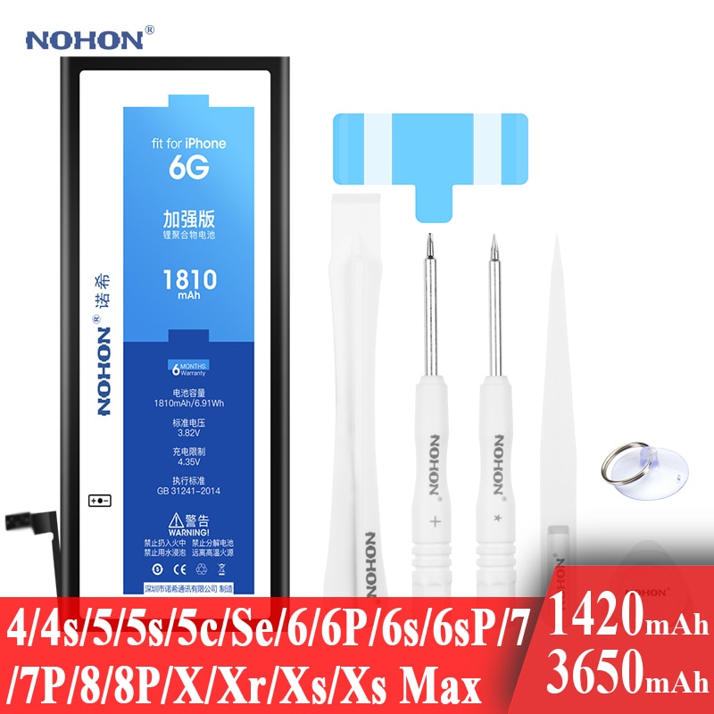 Nohon Battery For Apple iPhone SE 4s 5s 6 6s 7 8 Plus 4 5 5c X Xr Xs Max 6P 6sP 7P 11 High Capacity Li-polymer Batteries +Tools