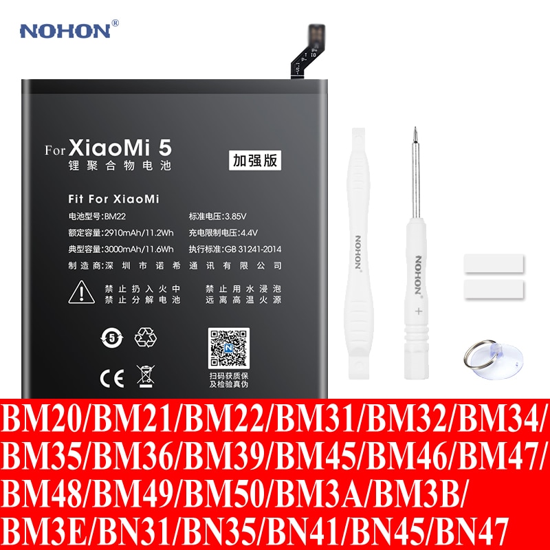 Nohon Battery For Xiaomi Mi 5 2 2s 4 6 8 BM22 Mi5 BM20 BM32 BM36 Mi6 BM39 BM21 BM35 BM45 BM47 BM48 BM49 BM50 BN31 BN35 BN41 BN45