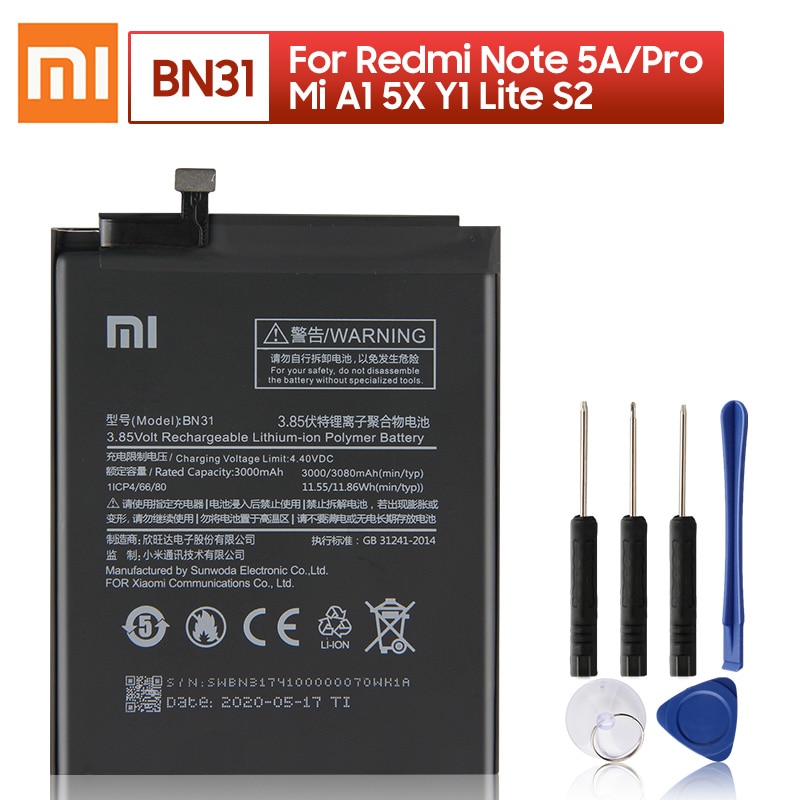 Original XIAOMI BN31 Replacement Battery For Xiaomi Mi 5X Mi5X A1 MiA1 Redmi Note 5A Redmi Y1 Lite S2 Y2 Phone Batteries 3080mAh