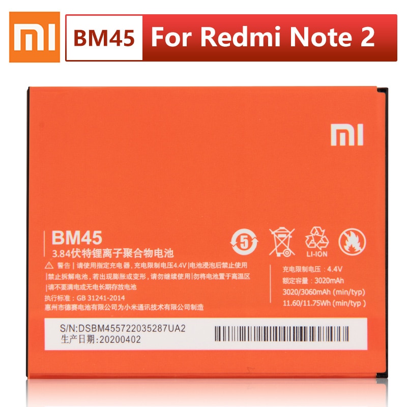 Original XIAOMI BM45 Replacement Battery For Xiaomi Mi Redmi Note 2 Redrice note2 Authentic Phone Batteries 3060mAh