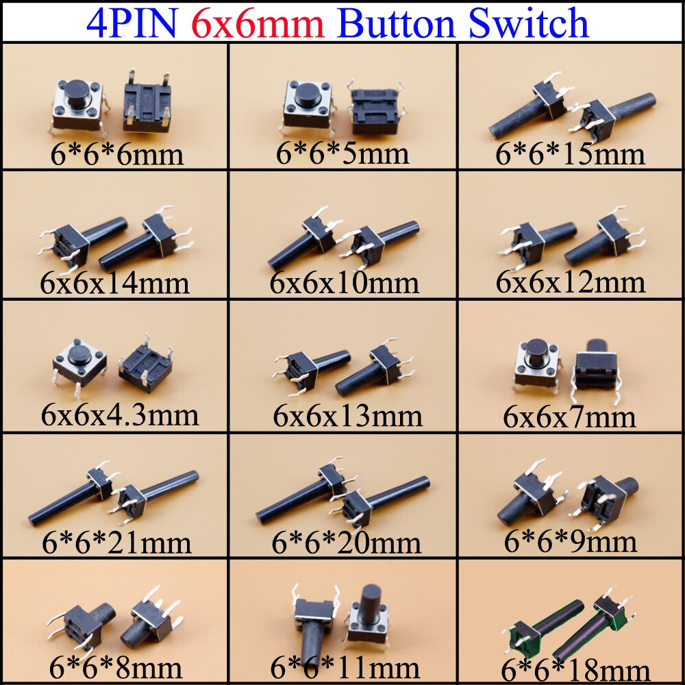 4PIN DIP 6x6 Tactile Tact Push Button Switch Light Micro Touch Switch 6x6 Series 6x6x4.3/6/5/6/7/8/9/10/11/12/14/15/16/18/20mm