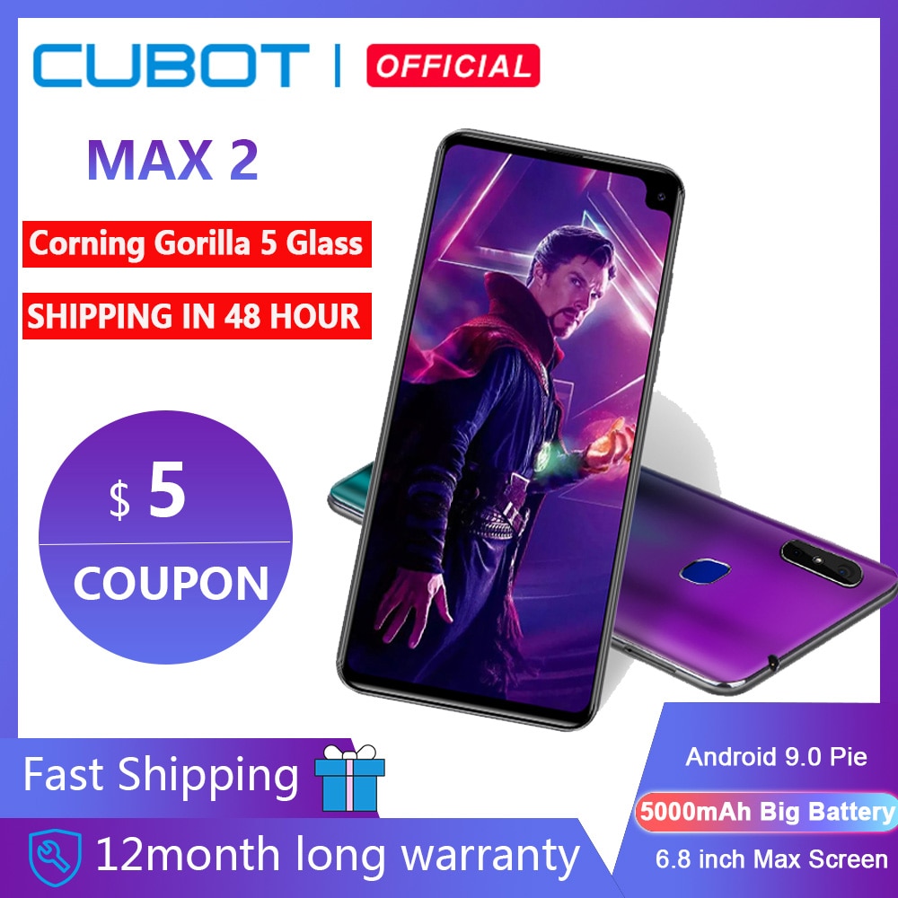 Cubot Max 2 Android 9.0 Octa-Core 6.8" 5000mAh Smartphone Corning Gorilla Glass Type-C 4GB+64GB Dual Camera 12MP 4G LTE Face ID