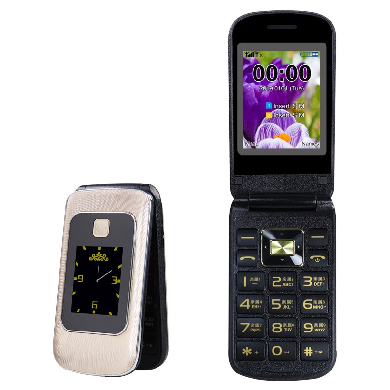 2.4" Dual Screen Flip Mobile Phone GSM Dual SIM Speed Dial SOS FM MP3 MP4 Recorder Camera FlashLight Russian Keyboard