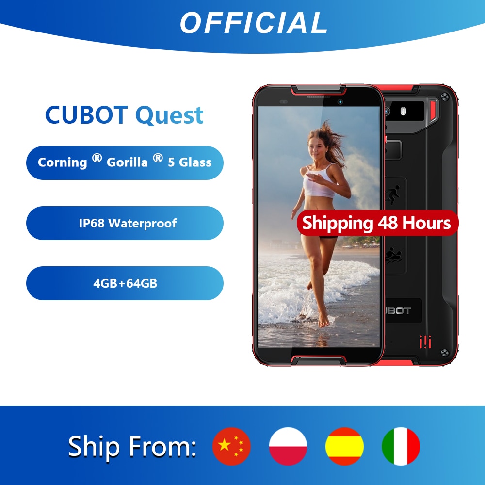 Cubot Quest Sports Rugged Phone Helio P22 Octa-Core 5.5" Display 4GB+64GB 4000mAh Android 9.0 Cellphone4G LTE Dual Camera 12.0MP