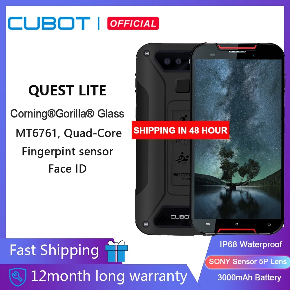 Cubot Quest Lite Sports Rugged Phone IP68 MT6761 5.0" 3GB+32GB 3000mAh Android 9.0 Pie 4G LTE Dual Camera 13MP Type-C Face ID