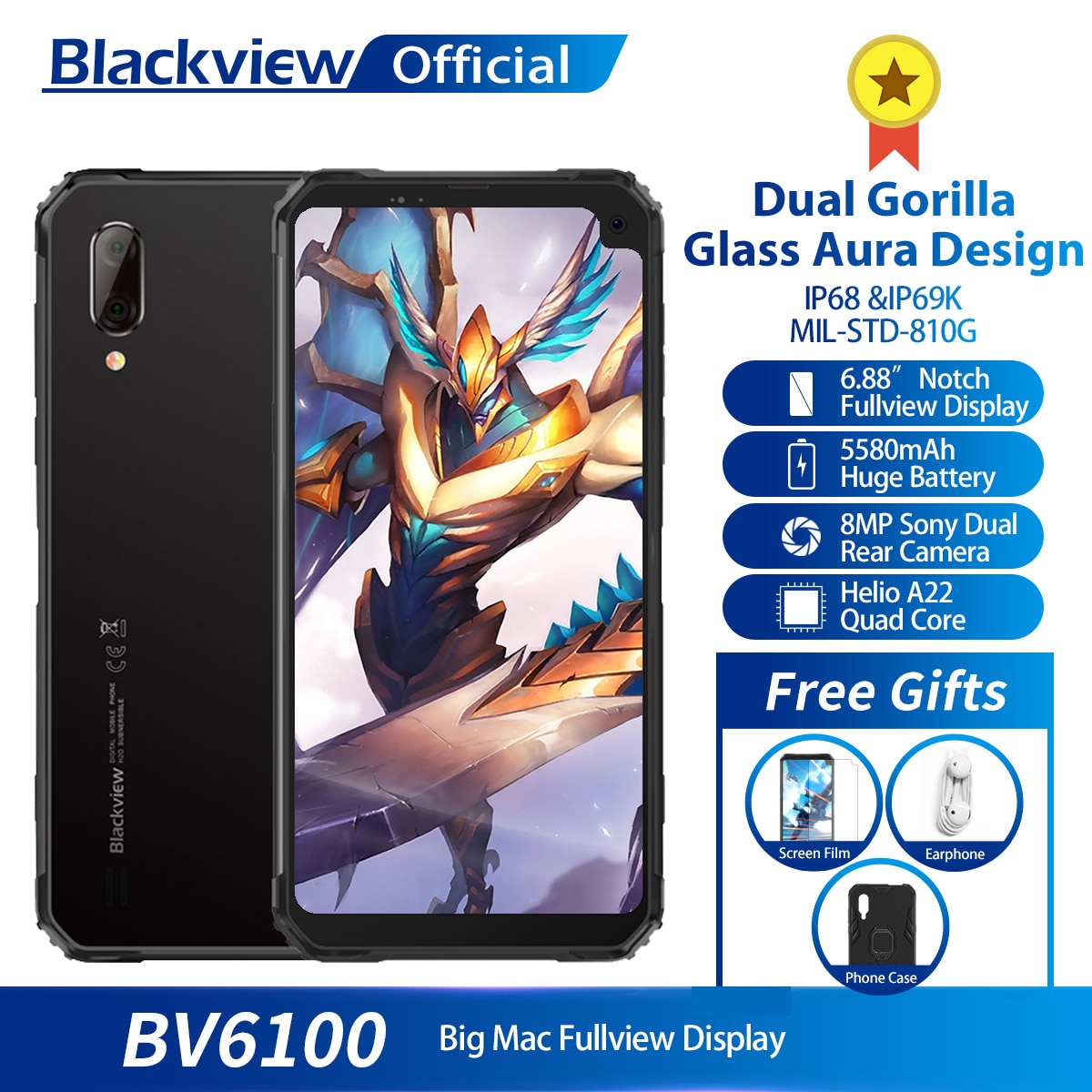 Blackview BV6100 Dual Gorilla 6.88" Screen Smartphone 3GB+16GB Android 9.0 IP68 Waterproof Cellphone 5580mAh NFC Mobile Phone