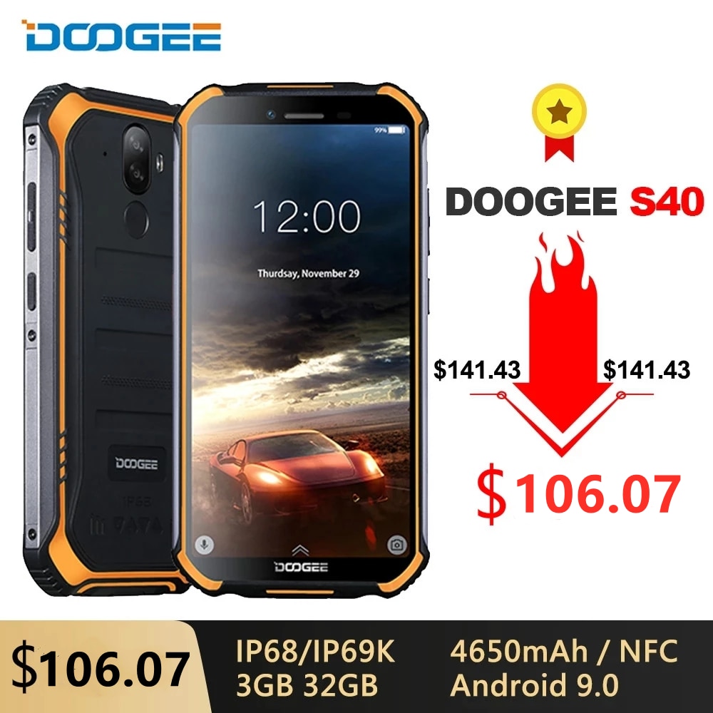 DOOGEE S40 IP68/IP69K 4G Rugged Mobile Phone 3GB RAM 32GB ROM Android 9.0 5.5 inch 4650mAh MT6739 Quad Core 8.0MP 4G Smartphone