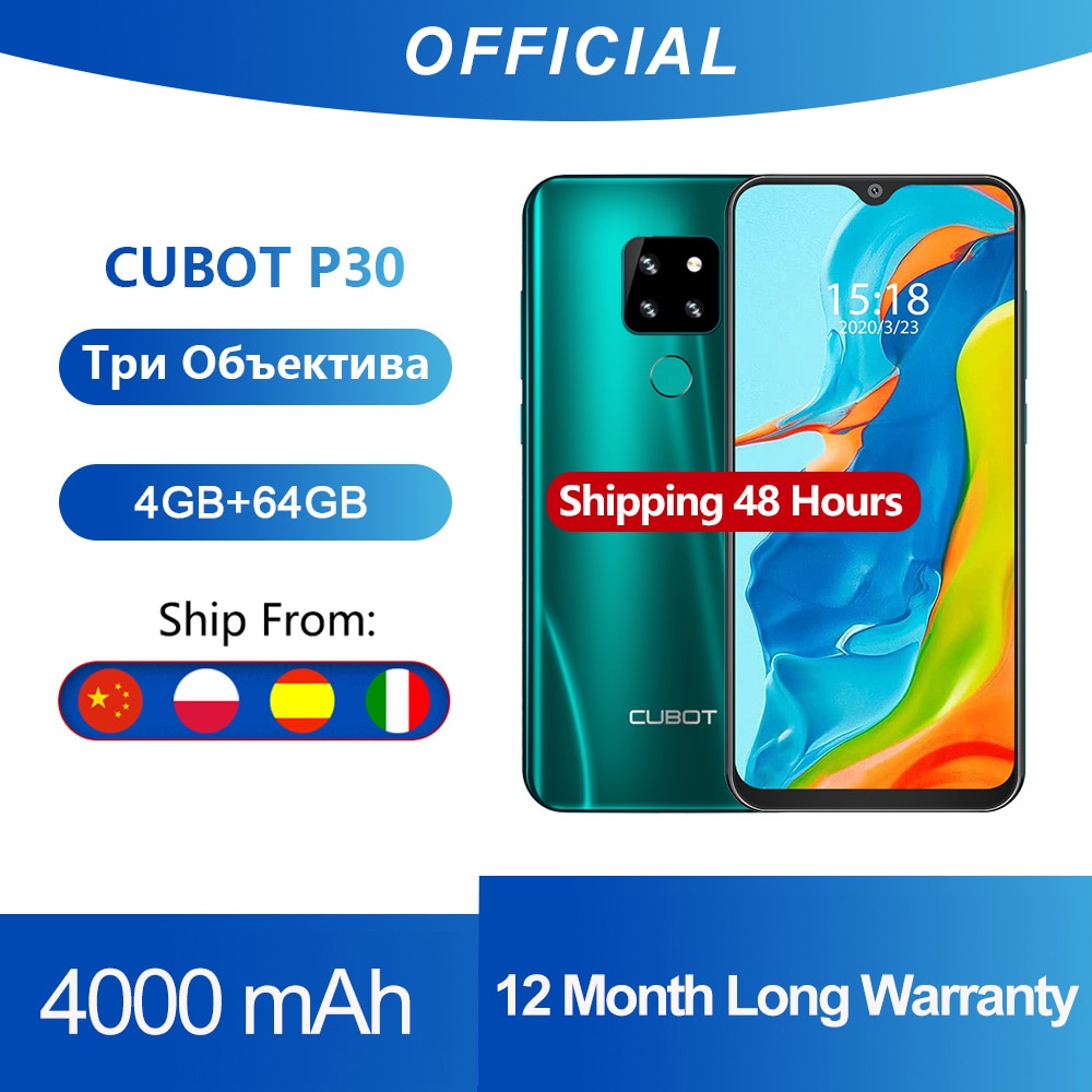 Cubot P30 Smartphone 6.3" Waterdrop Screen 2340x1080p 4GB+64GB Android 9.0 Pie Helio P23 AI Rear Triple Cameras Face ID 4000mAh