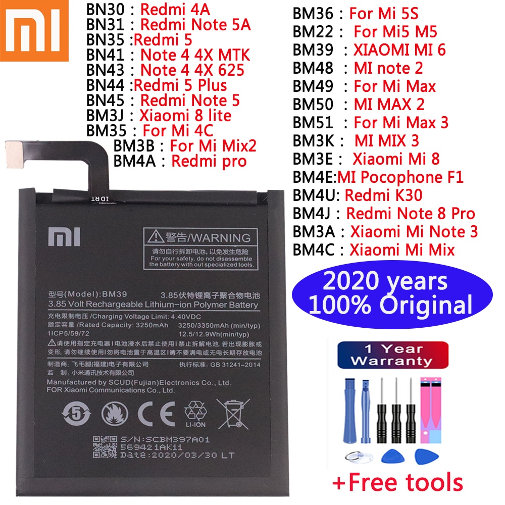 Xiaomi Original Battery For Redmi pro 5 5Plus 4A Note 5A K30 Note 3 4 5 8 pro 4X MTK 625 8 lite Mi 4C Mi 5S Mi5 6 8 Mix2 Max 2 3