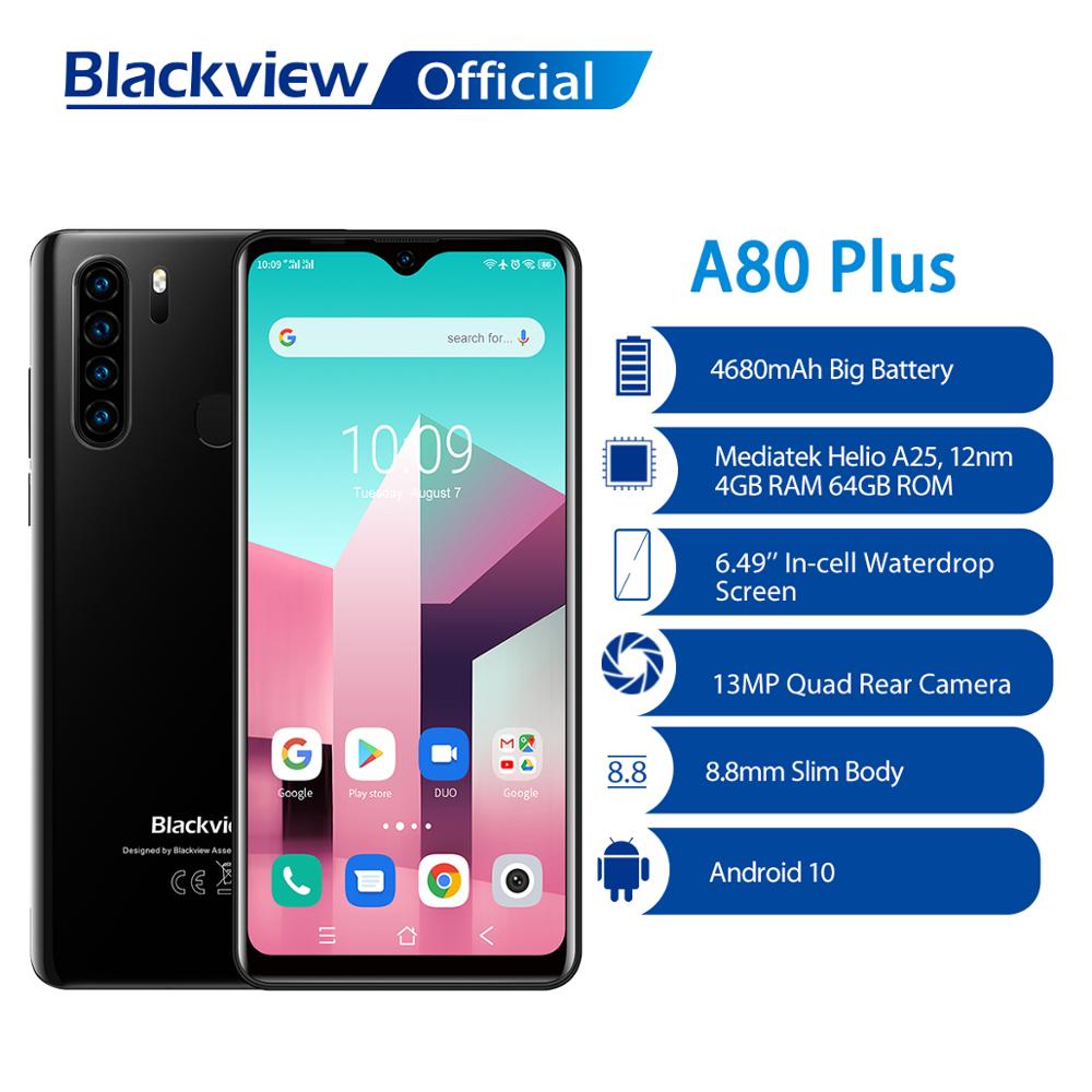 Blackview A80 Plus Smartphone Octa Core Phone 13MP Quad Camera 4GB RAM+64GB ROM 4680mAh Battery Android 10 NFC 4G Mobile Phone