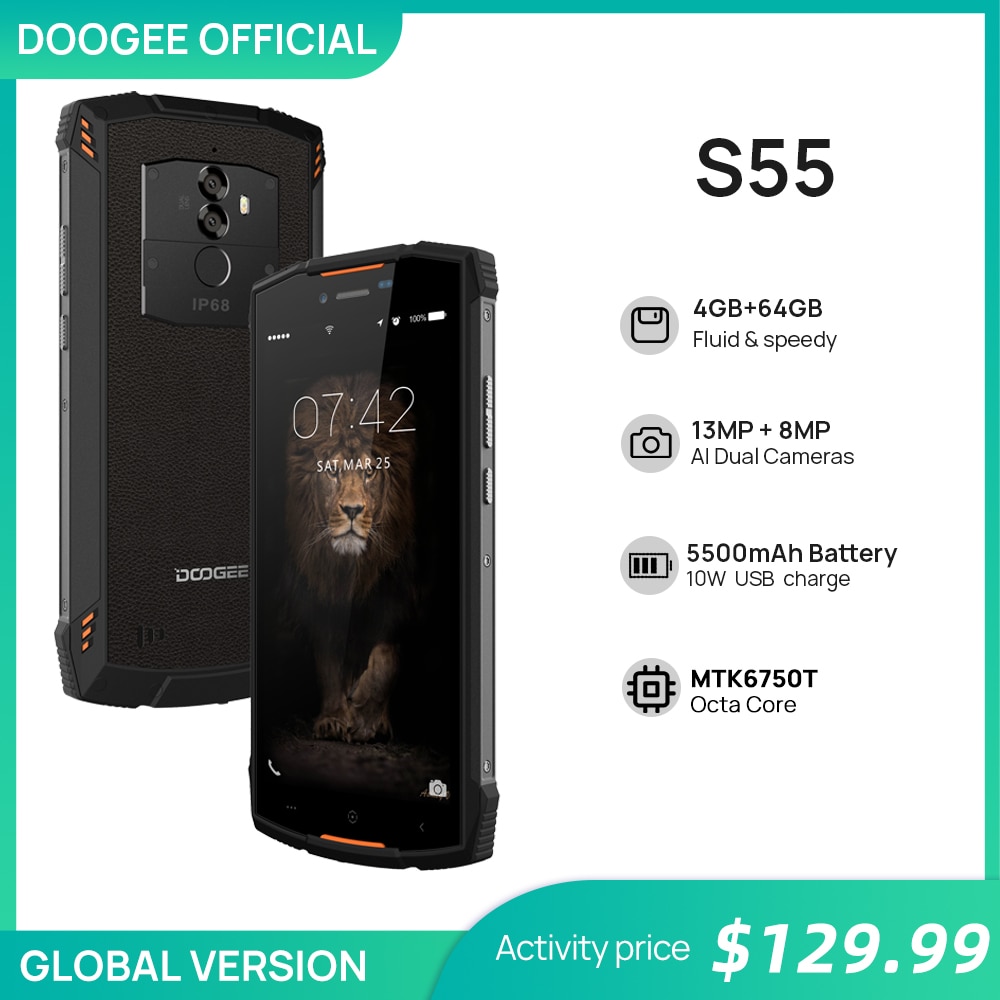 Real IP68 DOOGEE S55 waterproof Smartphone 4GB RAM 64GB ROM 5500mAh MTK6750T Octa Core 5.5inch Android 8.0 Dual SIM 13.0MP 4GLTE