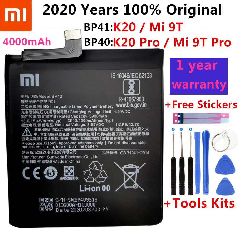 100% Original Replacement Battery BP41 BP40 For Xiaomi Redmi K20 Pro Mi 9T Pro Mi9T Redmi K20Pro Premium Genuine Battery 4000mAh