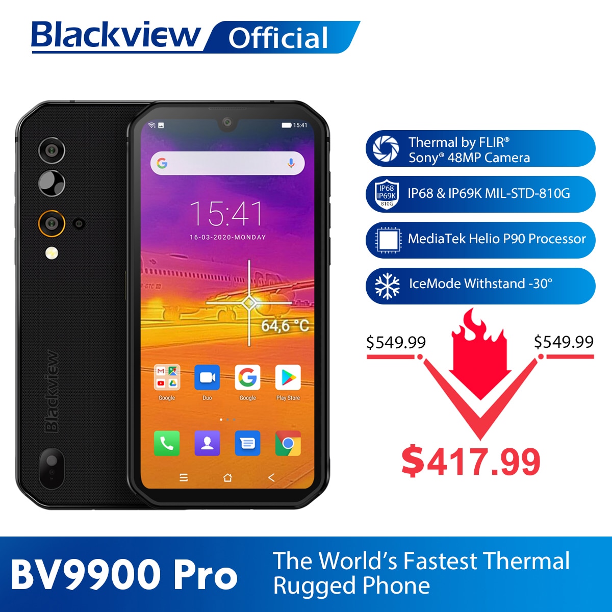 Blackview BV9900 Pro Thermal Camera Mobile Phone Helio P90 Octa Core 8GB 128GB IP68 4G Rugged Smartphone 48MP Quad Rear Camera