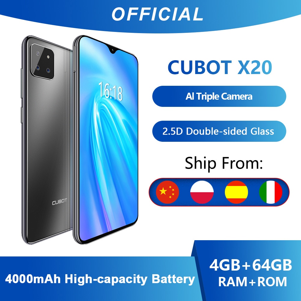 Cubot X20 AI Triple Camera 4GB+64GB Smartphone 6.3" FHD+ Double Sided Glass Body Android 9.0 Face ID Cellura Helio P23 4000mAh