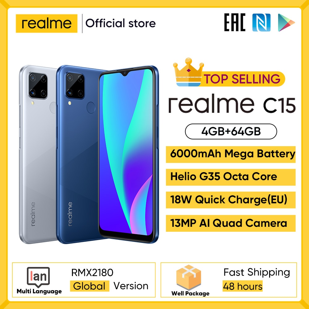 Global Version In Stock realme C15 Smartphone Helio G35 Octa Core 4GB 64GB 6.5"display 6000mAh Large Battery 18W Quick Charge