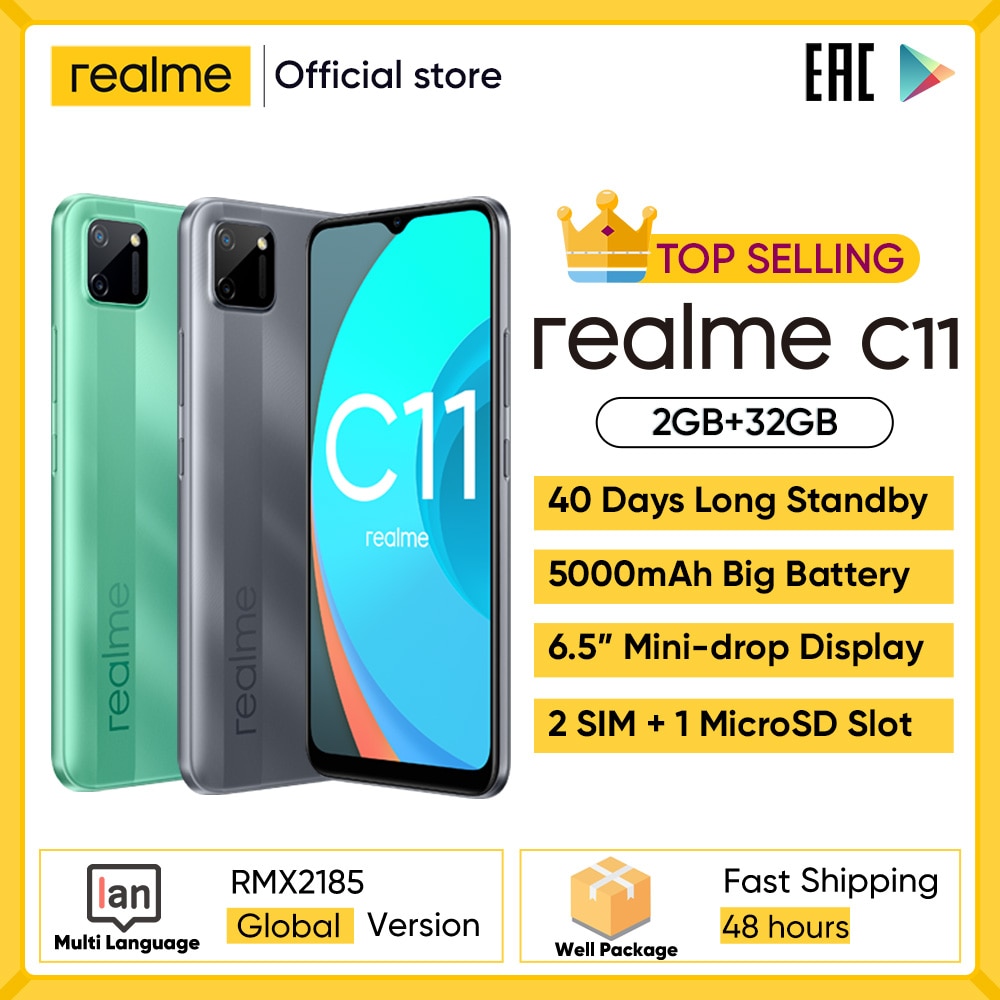 Realme C11 Mobile Phones 6.5inch 5000mAh Big Battery 40days Long Standby 3-Card Slot Android Smartphone 13MP Camera Telephone